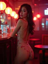 woman with hourglass figure,  in floral silk lingerie  at cocktail bar with neon lights