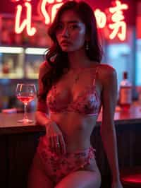 woman with hourglass figure,  in floral silk lingerie  at cocktail bar with neon lights