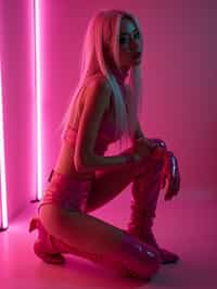 kneeling woman as woman, pink latex, thigh high boots night club, neon lights, platinum blonde