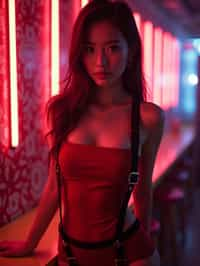 woman wearing (red bodycon dress) with (black suspenders garter straps)  in night club neon lights