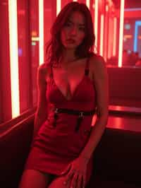 woman wearing (red bodycon dress) with (black suspenders garter straps)  in night club neon lights