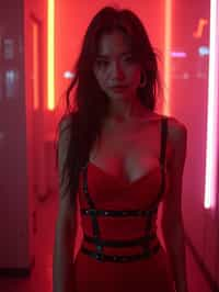 woman wearing (red bodycon dress) with (black suspenders garter straps)  in night club neon lights