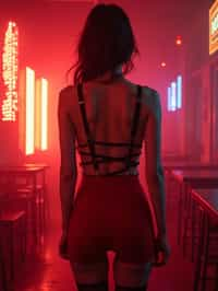 woman wearing (red bodycon dress) with (black suspenders garter straps)  in night club neon lights