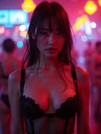 woman wearing (sexy nightlife lingerie club outfit mad max suspenders) with (black suspenders garter straps) in night club neon lights