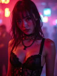 woman wearing (sexy nightlife lingerie club outfit mad max suspenders) with (black suspenders garter straps) in night club neon lights