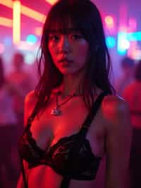 woman wearing (sexy nightlife lingerie club outfit mad max suspenders) with (black suspenders garter straps) in night club neon lights