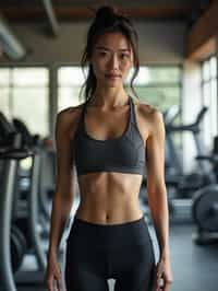 feminine woman in the gym wearing  sports bra and leggings