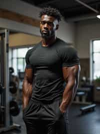 masculine  man in the gym wearing t-shirt and gym shorts