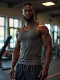 masculine  man in the gym wearing t-shirt and gym shorts