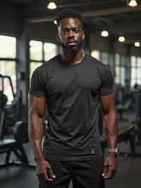 masculine  man in the gym wearing t-shirt and gym shorts