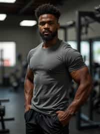 masculine  man in the gym wearing t-shirt and gym shorts