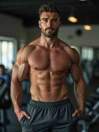 masculine  man in the gym wearing t-shirt and gym shorts