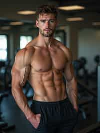 masculine  man in the gym wearing t-shirt and gym shorts