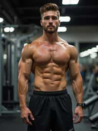 masculine  man in the gym wearing t-shirt and gym shorts