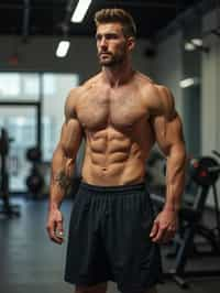 masculine  man in the gym wearing t-shirt and gym shorts