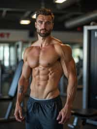 masculine  man in the gym wearing t-shirt and gym shorts