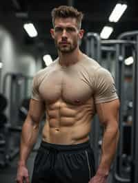 masculine  man in the gym wearing t-shirt and gym shorts