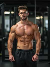 masculine  man in the gym wearing t-shirt and gym shorts