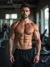 masculine  man in the gym wearing t-shirt and gym shorts