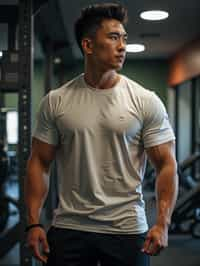 masculine  man in the gym wearing t-shirt and gym shorts