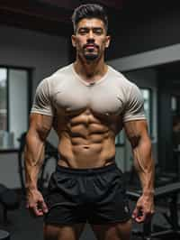 masculine  man in the gym wearing t-shirt and gym shorts