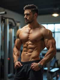 masculine  man in the gym wearing t-shirt and gym shorts