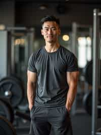 masculine  man in the gym wearing t-shirt and gym shorts