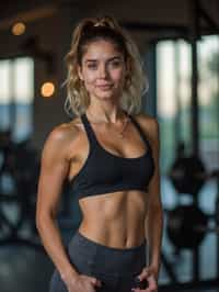 feminine woman in the gym wearing  sports bra and leggings