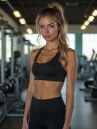 feminine woman in the gym wearing  sports bra and leggings