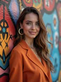 a fashionable  feminine woman posing in front of street art