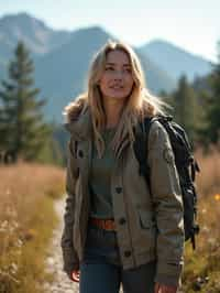 an adventurous  feminine woman hiking in the mountains