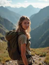 an adventurous  feminine woman hiking in the mountains