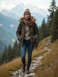 an adventurous  feminine woman hiking in the mountains