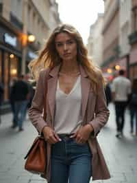 a confident  feminine woman exploring a bustling city street