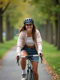 a stylish  feminine woman enjoying a leisurely bike ride along a scenic path