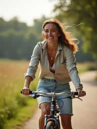 a stylish  feminine woman enjoying a leisurely bike ride along a scenic path