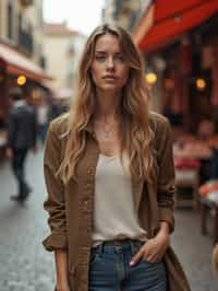 a charismatic  feminine woman exploring a street market