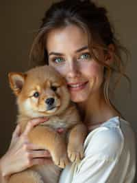 feminine woman posing with a cute pet