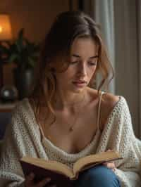 feminine woman reading a book in a cozy home environment