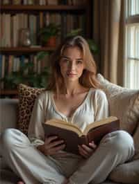 feminine woman reading a book in a cozy home environment