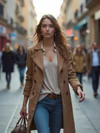 feminine woman taking a casual stroll through a cityscape