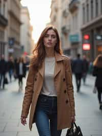 feminine woman taking a casual stroll through a cityscape