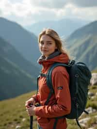 feminine woman in going hiking outdoors in mountains