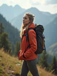 feminine woman in going hiking outdoors in mountains