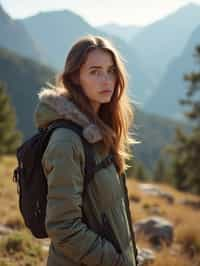 feminine woman in going hiking outdoors in mountains