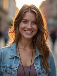 headshot of smiling woman wearing casual clothes posing for dating app headshot. outdoor blurry background. the lighting is warm, possibly from a setting sun, creating a soft glow around him, enhancing the casual and relaxed vibe of the image. the setting seems to be outdoors, likely in an urban environment, with the blurred background hinting at a street or park-like area. this image likely portrays a youthful, active, and approachable individual, possibly in a lifestyle or fashion-related context.