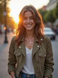 headshot of smiling woman wearing casual clothes posing for dating app headshot. outdoor blurry background. the lighting is warm, possibly from a setting sun, creating a soft glow around him, enhancing the casual and relaxed vibe of the image. the setting seems to be outdoors, likely in an urban environment, with the blurred background hinting at a street or park-like area. this image likely portrays a youthful, active, and approachable individual, possibly in a lifestyle or fashion-related context.