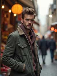 a stylish masculine  man exploring a street market