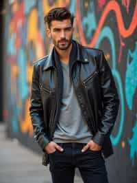 a fashionable masculine  man posing in front of street art