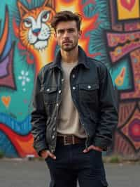 a fashionable masculine  man posing in front of street art